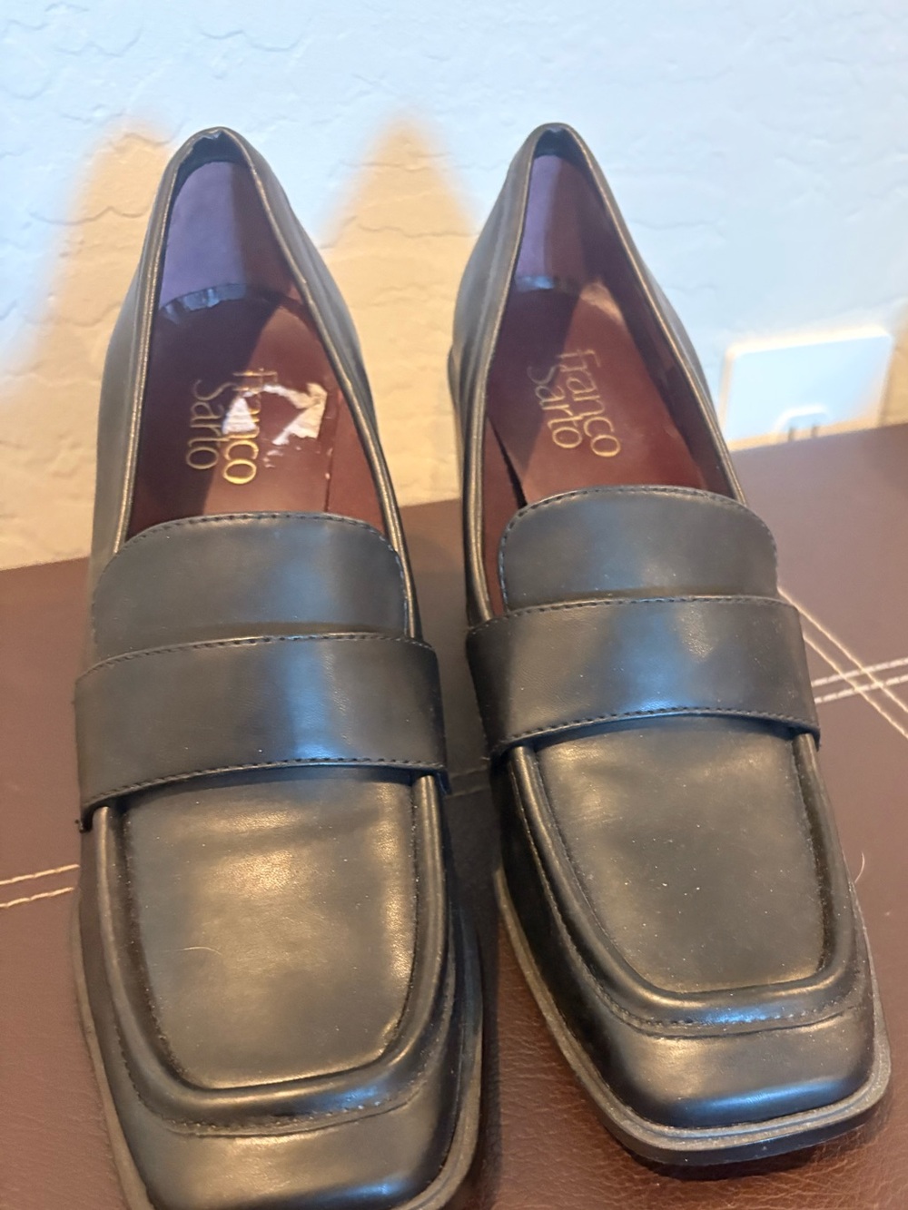 Franco Sarto Black Leather Square-Toe Penny Loafers